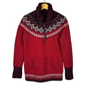 Eddie Bauer Women Fair Isle Knit Sweater Sz S Cotton  Wool Red Burgundy Cowlneck